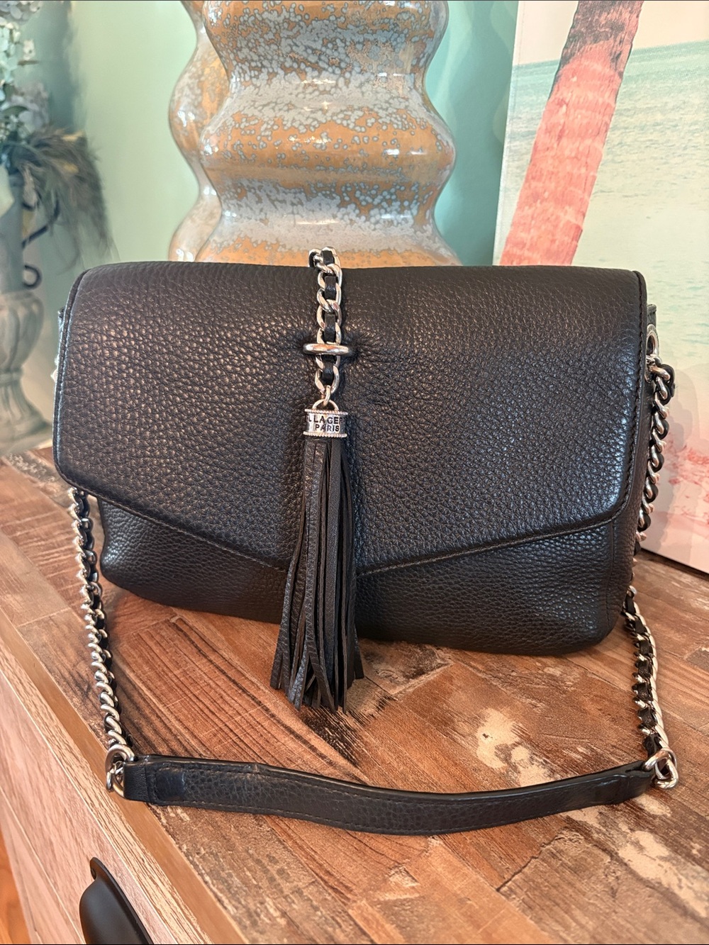 Karl Lagerfeld Paris Black Pebbled Leather Crossbody with Tassel beautiful bag